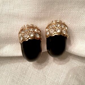 Vintage Black Enamel and Rhinestone Clip Earrings